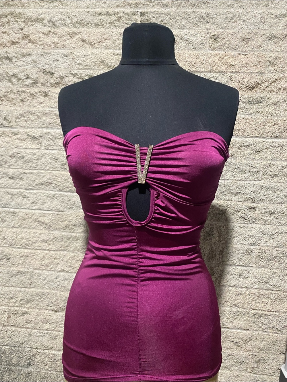 mandee Strapless Ruched Magenta Bodycon Dress with Rhinestone V